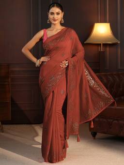 Libas - Rust Embellished Saree With Blouse Piece