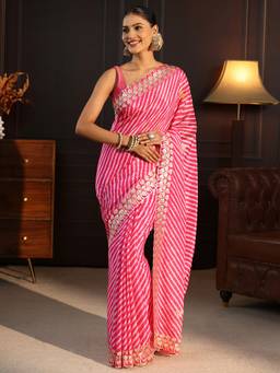 Libas - Pink Printed Floral Embroidered Saree With Embroidered Border And Blouse Piece
