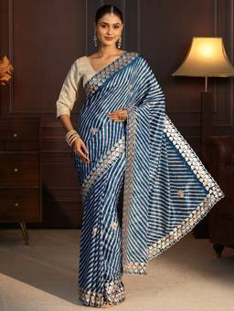 Libas - Blue Printed Floral Embroidered Saree With Embroidered Border And Blouse Piece