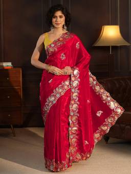 Libas - Red Ethnic Motif Embroidered Saree With Blouse Piece