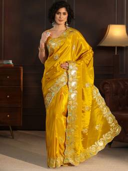 Libas - Mustard Ethnic Motif Embroidered Saree With Blouse Piece