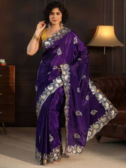 Libas - Purple Ethnic Motif Embroidered Saree With Blouse Piece
