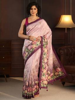Libas - Purple Floral Printed Saree With Blouse Piece