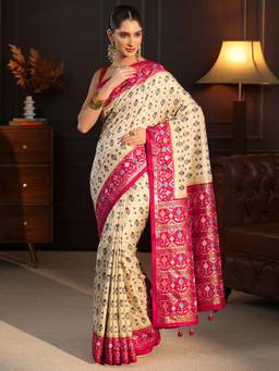 Libas - Cream Motif Printed Saree With Blouse Piece