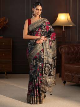 Libas - Black Floral Woven Design Saree With Blouse Piece