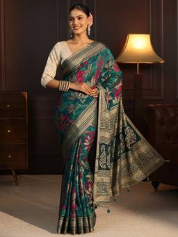 Libas - Blue Floral Woven Design Saree With Blouse Piece