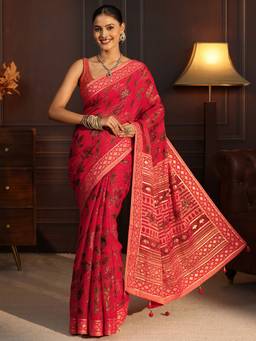 Libas - Red Floral Printed Saree With Blouse Piece
