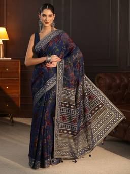 Libas - Blue Floral Printed Saree With Blouse Piece