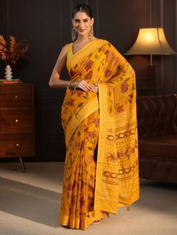 Libas - Mustard Floral Printed Saree With Blouse Piece