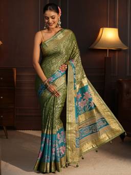 Libas - Green Floral Woven Design Saree With Blouse Piece