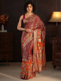 Libas - Orange Floral Woven Design Saree With Blouse Piece