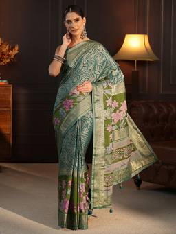 Libas - Green Floral Woven Design Saree With Blouse Piece