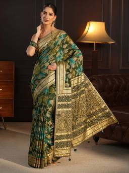 Libas - Green Floral Woven Design Saree With Blouse Piece