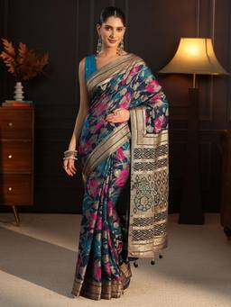 Libas - Blue Floral Woven Design Saree With Blouse Piece