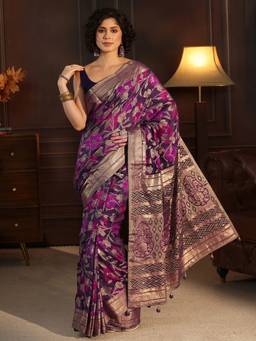 Libas - Purple Floral Woven Design Saree With Blouse Piece