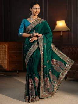 Libas Art - Green Ethnic Motif Zari Stone Work Embroidered Saree With Blouse Piece
