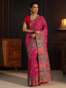 Libas - Pink Floral Stone Work Woven Design Saree With Blouse Piece