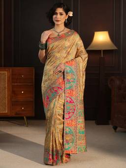 Libas - Beige Floral Stone Work Woven Design Saree With Blouse Piece