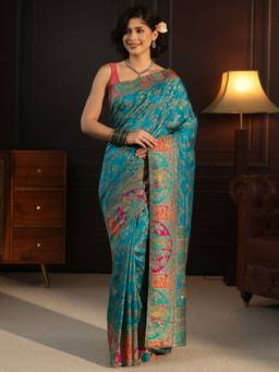 Libas - Blue Floral Stone Work Woven Design Saree With Blouse Piece