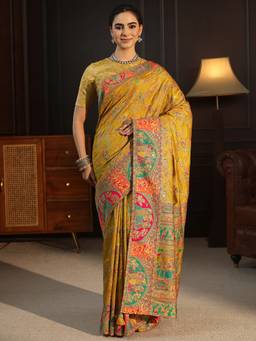 Libas - Mustard Floral Stone Work Woven Design Saree With Blouse Piece