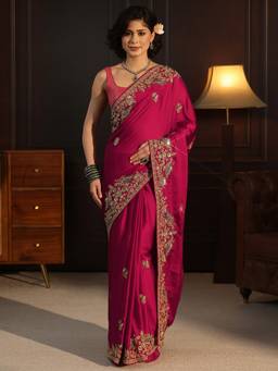 Libas Art - Pink Floral Zari Sequins Stone Work Embroidered Saree With Blouse Piece