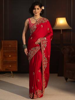 Libas Art - Red Floral Zari Sequins Stone Work Embroidered Saree With Blouse Piece