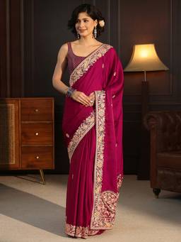 Libas Art - Pink Floral Zari Sequins Stone Work Embroidered Saree With Blouse Piece
