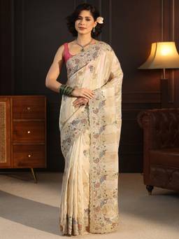 Libas Art - Off White Floral Woven Design Saree With Embroidered Border and Blouse Piece