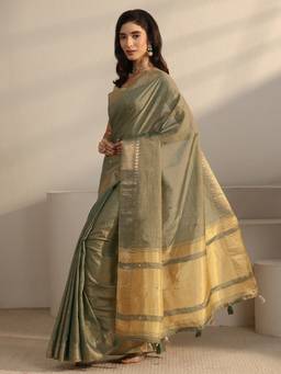 Libas - Green Self Design Saree With Woven Design Border and Blouse Piece