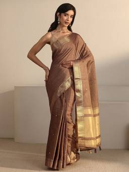 Libas - Brown Self Design Saree With Woven Design Border and Blouse Piece