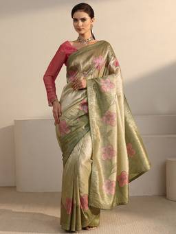 Libas - Green Floral Stone Work Woven Design Saree With Blouse Piece