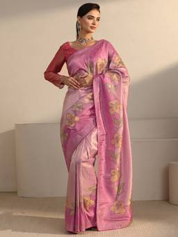 Libas - Pink Floral Stone Work Woven Design Saree With Blouse Piece