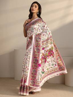 Libas - Cream Floral Printed Saree With Blouse Piece