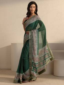 Libas - Green Geometric Printed Saree With Woven Design Border and Blouse Piece