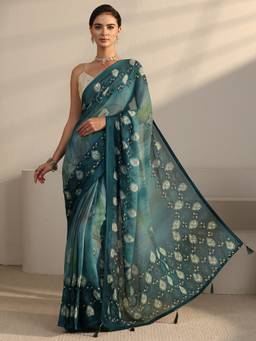 Libas - Blue Motif Printed Saree With Blouse Piece
