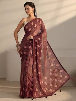 Libas - Brown Motif Printed Saree With Blouse Piece