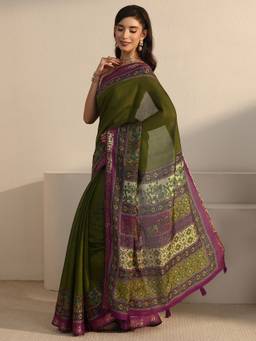 Libas - Green Solid Saree With Woven Design Border and Blouse Piece
