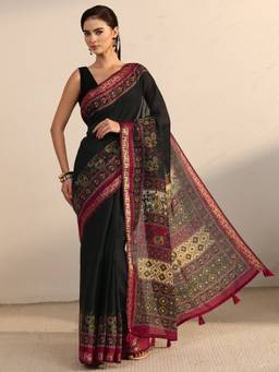 Libas - Black Solid Saree With Woven Design Border and Blouse Piece