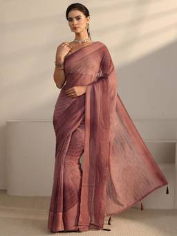 Libas - Brown Striped Saree With Woven Design Border and Blouse Piece