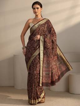 Libas - Brown Floral Printed Saree With Woven Design Border and Blouse Piece
