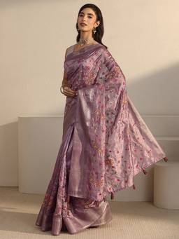Libas - Lavender Floral Embroidered Saree With Woven Design Border and Blouse Piece