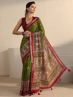 Libas - Green Motifs Mirror Work Printed Saree With Woven Design Border And Blouse Piece