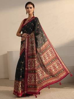 Libas - Black Motifs Mirror Work Printed Saree With Woven Design Border And Blouse Piece