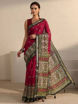 Libas - Red Ethnic Motifs Mirror Work Printed Saree With Woven Design Border And Blouse Piece