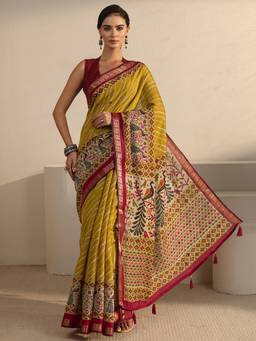 Libas - Mustard Leheriya Mirror Work Printed Saree With Woven Design Border And Blouse Piece