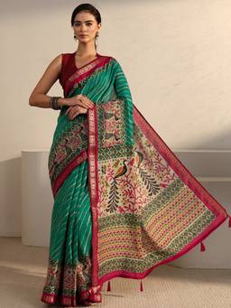 Libas - Green Leheriya Mirror Work Printed Saree With Woven Design Border And Blouse Piece