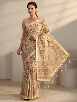 Libas - Beige Floral Printed Saree With Woven Design Border And Blouse Piece