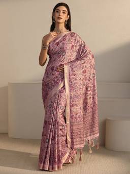 Libas - Pink Floral Printed Saree With Woven Design Border And Blouse Piece