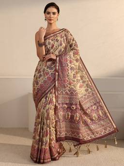 Libas - Beige Digital Printed Saree With Woven Design Border And Blouse Piece