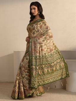 Libas - Beige Digital Printed Saree With Woven Design Border And Blouse Piece